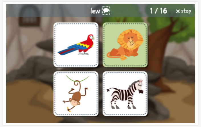 Taaltoets (lezen en luisteren) van het thema Dierentuin van de app Pools voor kinderen