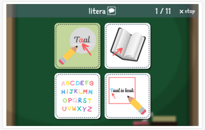 Taaltoets (lezen en luisteren) van het thema Lezen van de app Pools voor kinderen