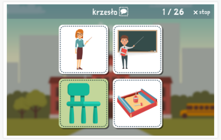 Taaltoets (lezen en luisteren) van het thema School van de app Pools voor kinderen