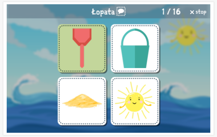 Taaltoets (lezen en luisteren) van het thema Strand van de app Pools voor kinderen