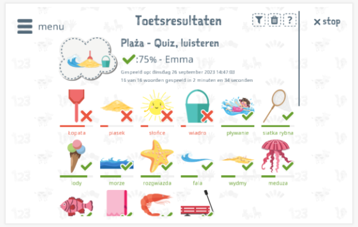 Toetsresultaten geven inzicht in de woordenschatkennis van het thema Strand 