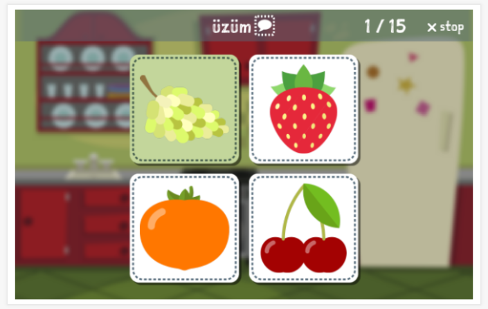 Taaltoets (lezen en luisteren) van het thema Fruit van de app Turks voor kinderen