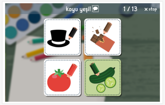 Taaltoets (lezen en luisteren) van het thema Kleuren van de app Turks voor kinderen