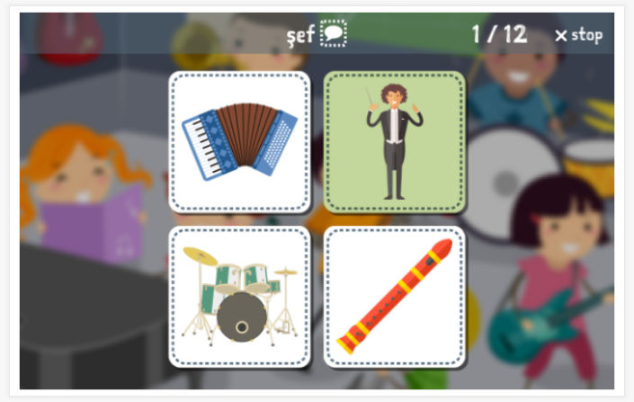 Taaltoets (lezen en luisteren) van het thema Muziek van de app Turks voor kinderen