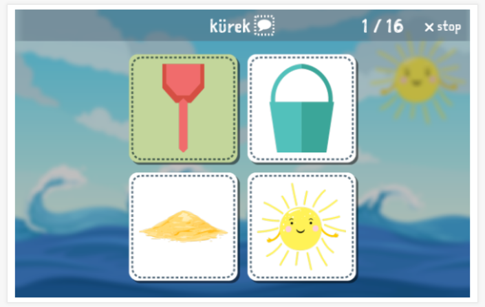 Taaltoets (lezen en luisteren) van het thema Strand van de app Turks voor kinderen