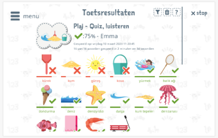 Toetsresultaten geven inzicht in de woordenschatkennis van het thema Strand 